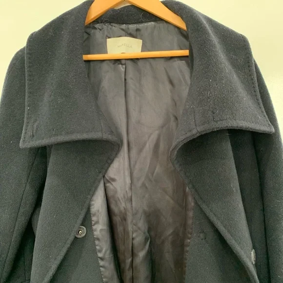 Marella Navy Virgin Wool Coat Missing Belt Minimalist Italian size 4 mid length